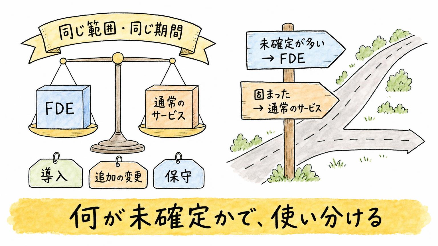 FDEと通常のサービスを、導入、追加の変更、保守まで同じ範囲で比べ、未確定が多いか固まったかで使い分けることを示す図