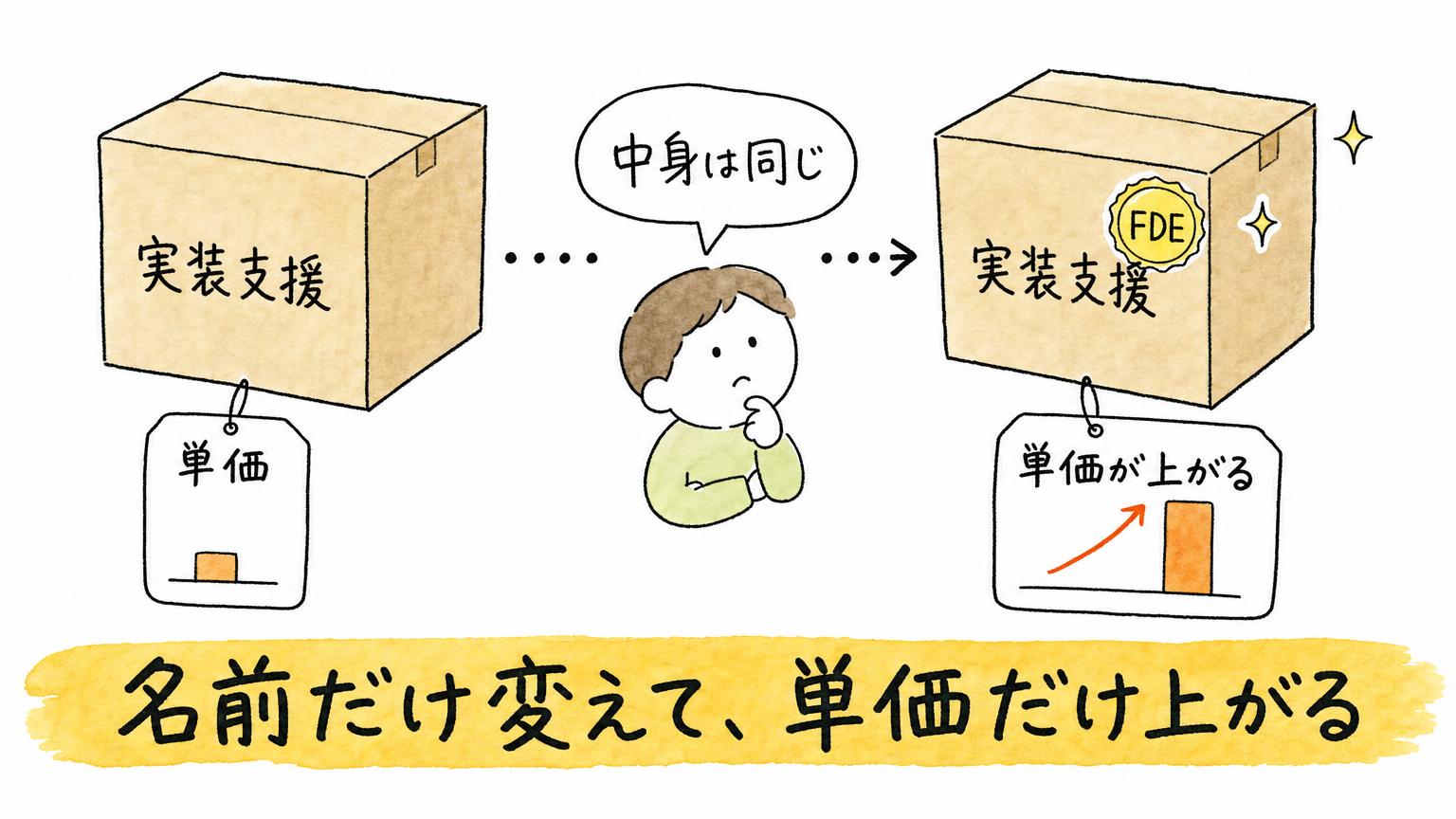 実装支援の箱にFDEのステッカーを貼って単価だけが上がる、FDEウォッシングの状態を示した比較図