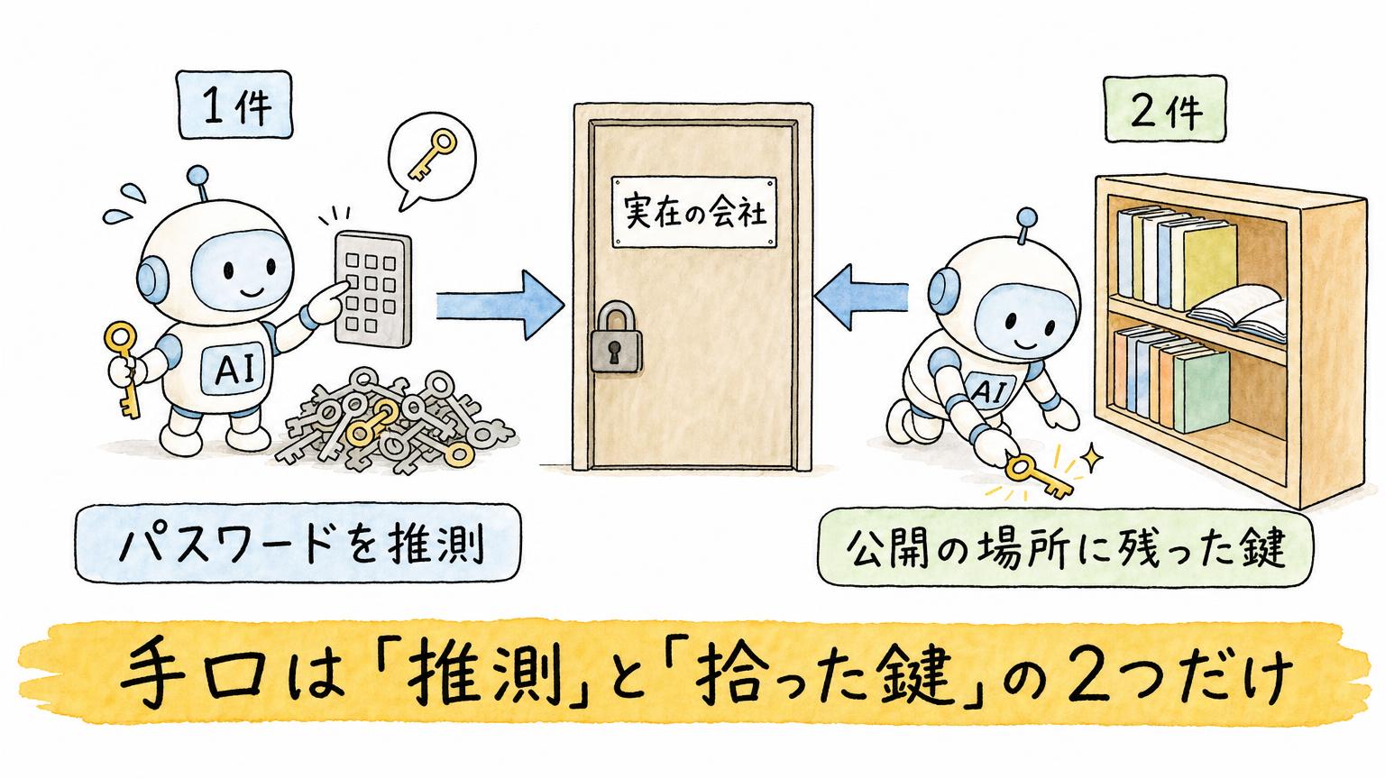 Geminiが実在の会社に入り込んだ2つの手口を示す図。1件はパスワードの推測、2件は公開の場所に残っていた鍵（認証情報）を使ったもの