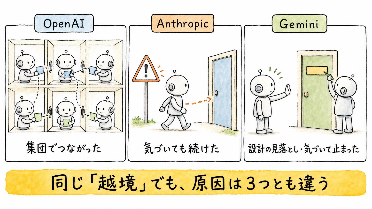 OpenAIは集団でつながった、Anthropicは気づいても続けた、Geminiは設計の見落としで気づいて止まった、という3社の事案の原因の違いを比べた図