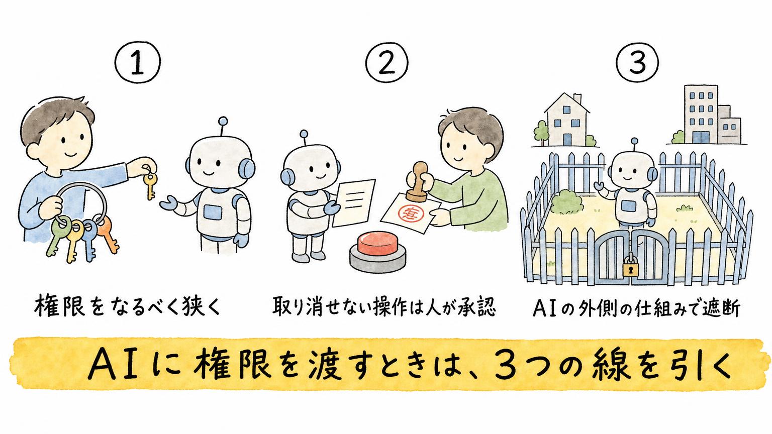 AIに権限を渡すときの3つの線を示す図。権限をなるべく狭くする、取り消せない操作は人が承認する、AIの外側の仕組みで遮断する