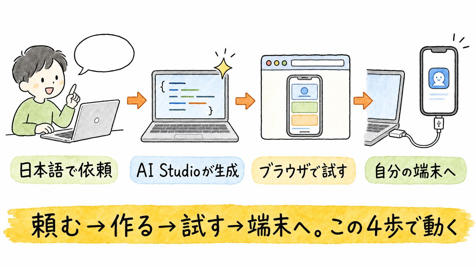 日本語で依頼し、AI Studioが生成し、ブラウザで試し、USB接続した自分の端末へ送る4段階の流れを示す図