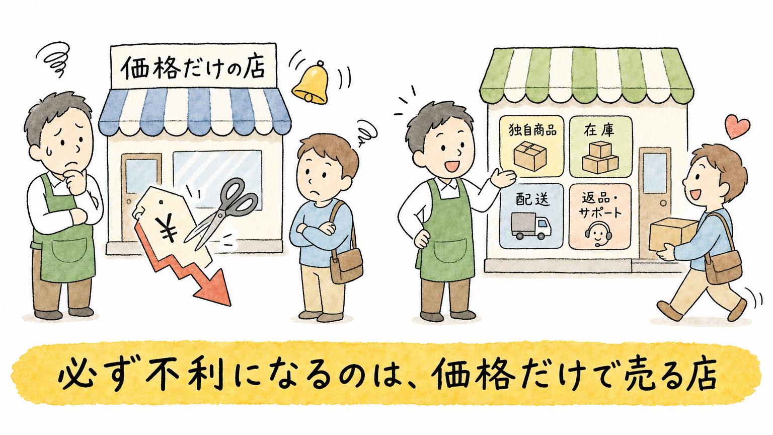 価格だけで売る店は値下がり通知で不利になり、独自商品・在庫・配送・返品とサポートで選ばれる店は価格比較だけでは決まらないことを対比した図