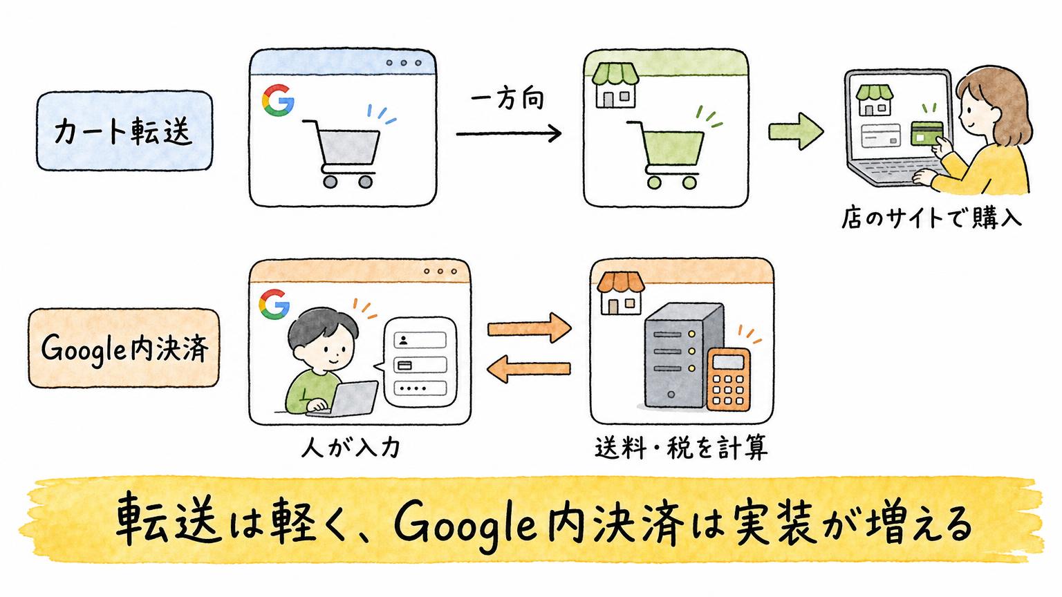 カート転送は一方向で店のサイトで購入を続け、Google内決済は人が入力して店側が送料と税を計算する仕組みを比べた図