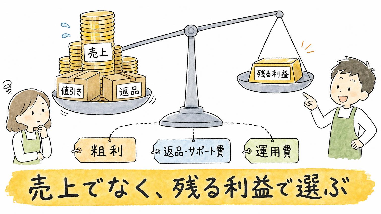 売上ではなく、粗利・返品とサポート費・運用費を引いたあとに残る利益で選ぶことを、天秤で示した図