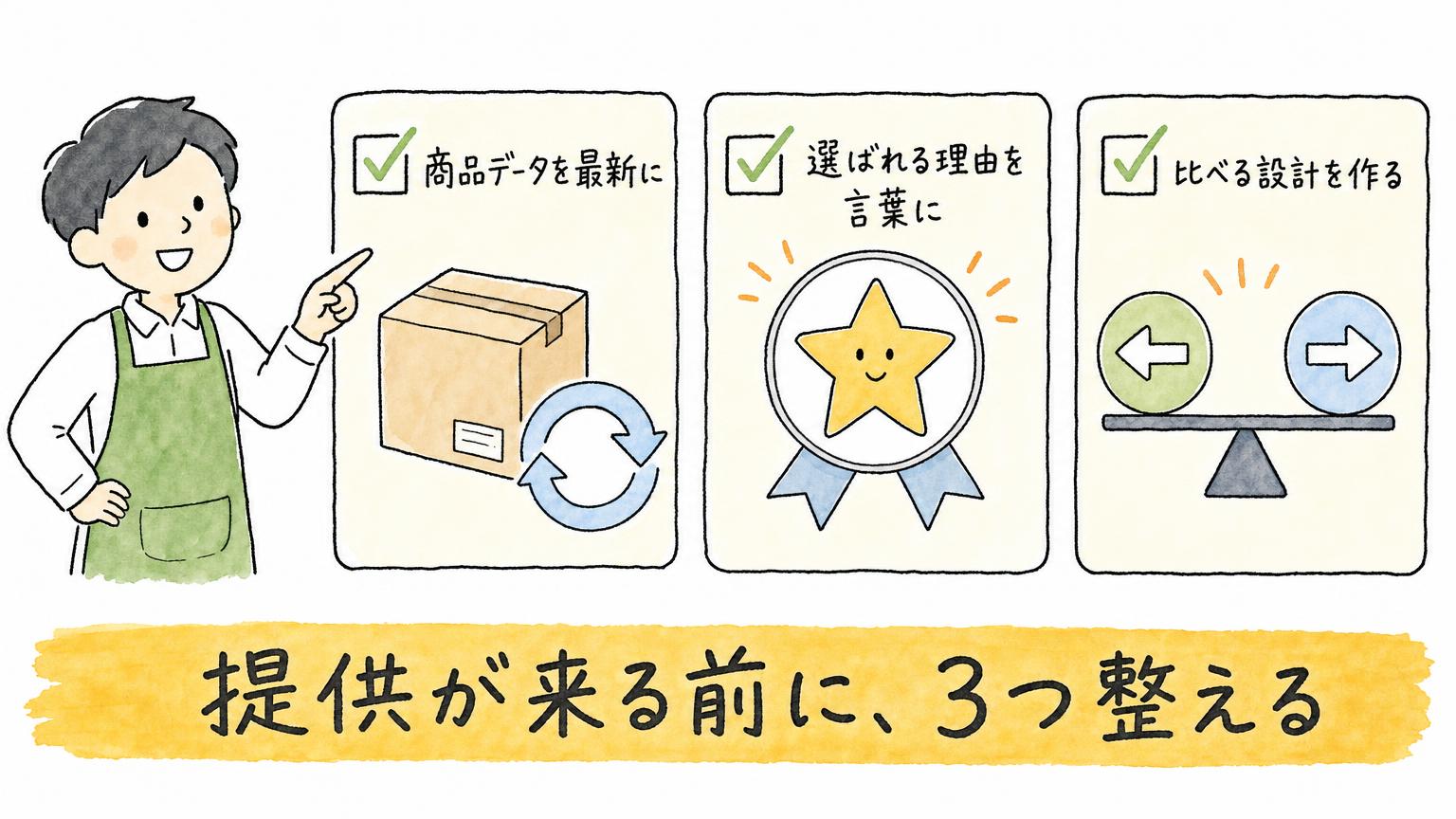 提供が来る前に整える3つの準備として、商品データを最新に、選ばれる理由を言葉に、比べる設計を作る、を示した図