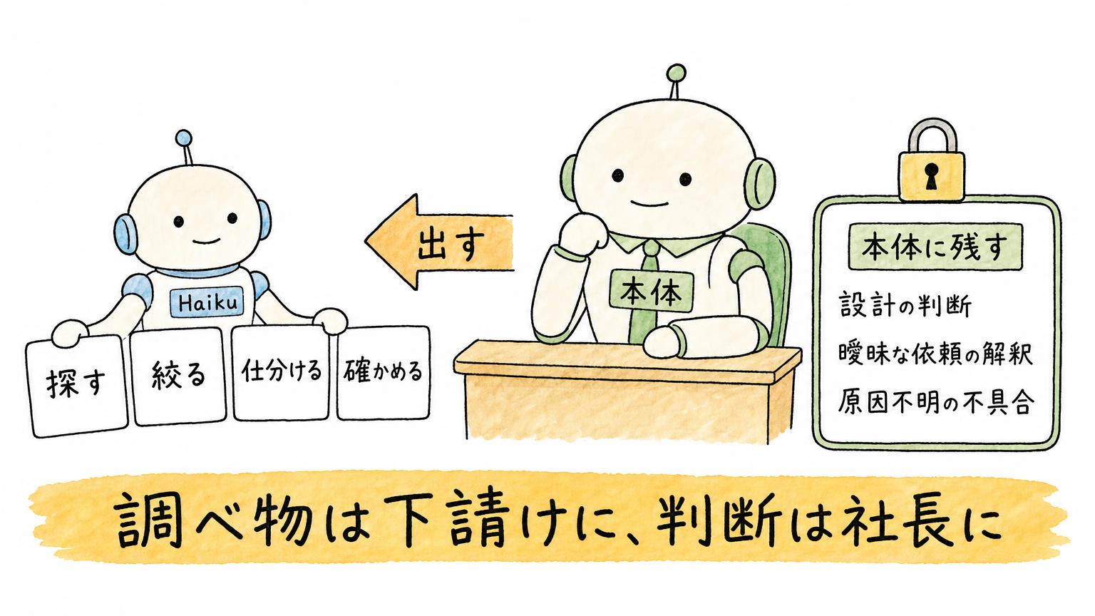 Haikuに出す探す・絞る・仕分ける・確かめるの4つの仕事と、本体に残す設計判断・曖昧な依頼の解釈・原因不明の不具合を分けた図