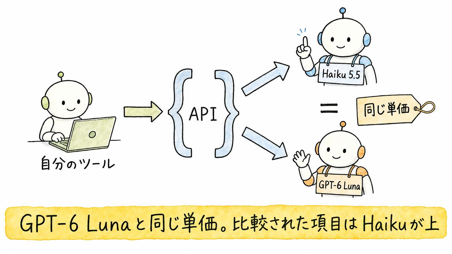 自分のツールからAPI経由で呼べるHaiku 5.5とGPT-6 Lunaが同じ単価であることを示す図