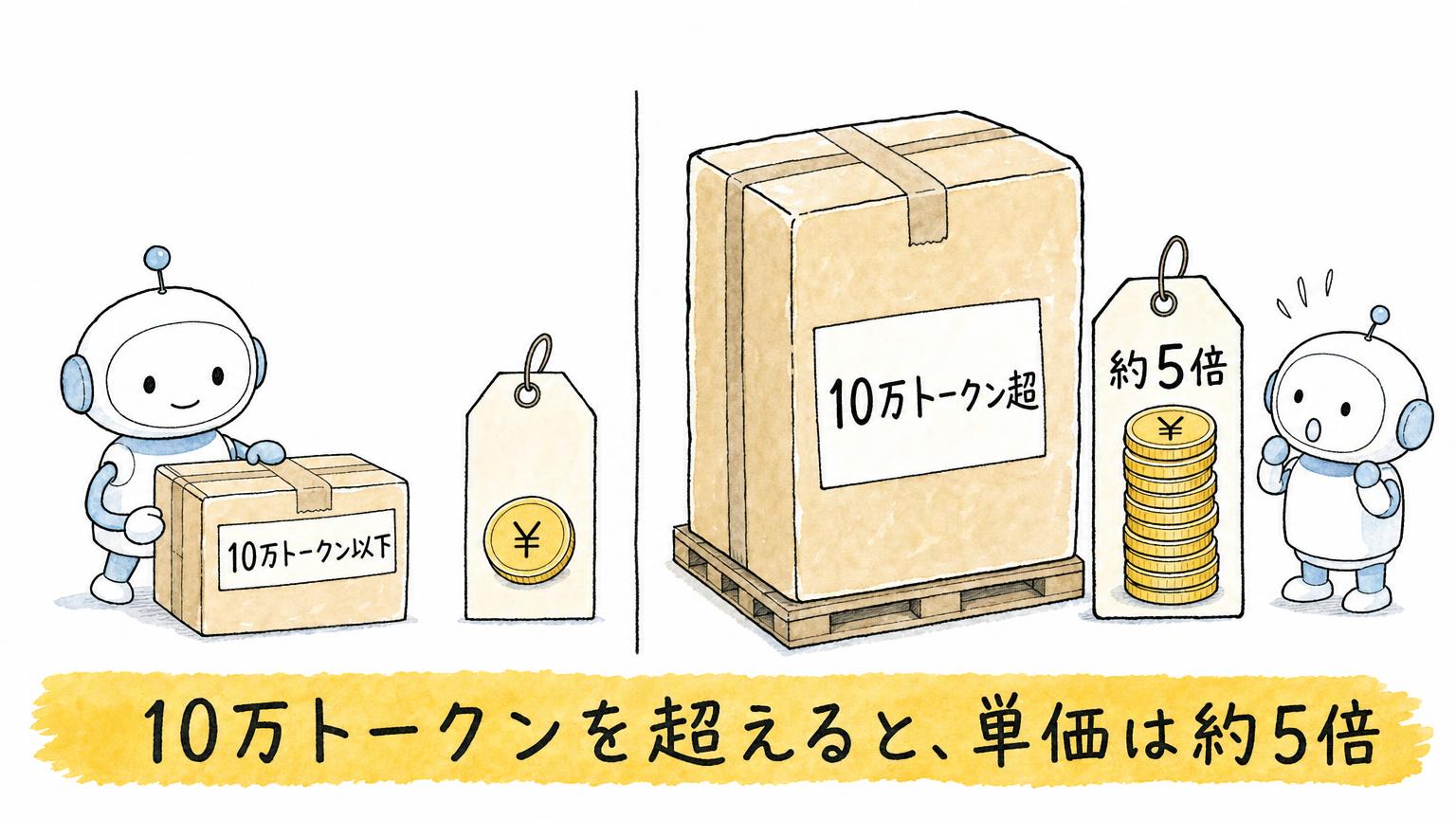 入力が10万トークン以下なら通常の単価、10万トークンを超えると単価が約5倍になることを比べた図