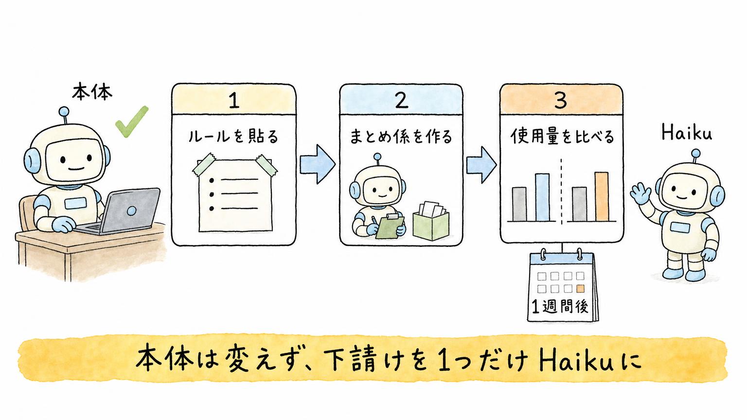 ルールを貼る、まとめ係を作る、1週間後に使用量を比べるという今日やる3つの手順を示す図