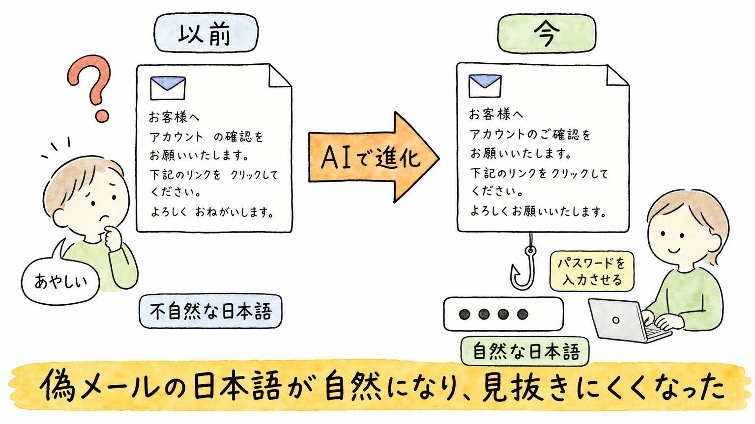 AIで偽メールの日本語が自然になり、パスワードを入力させる誘導を見抜きにくくなった変化を、以前と今で比べた図
