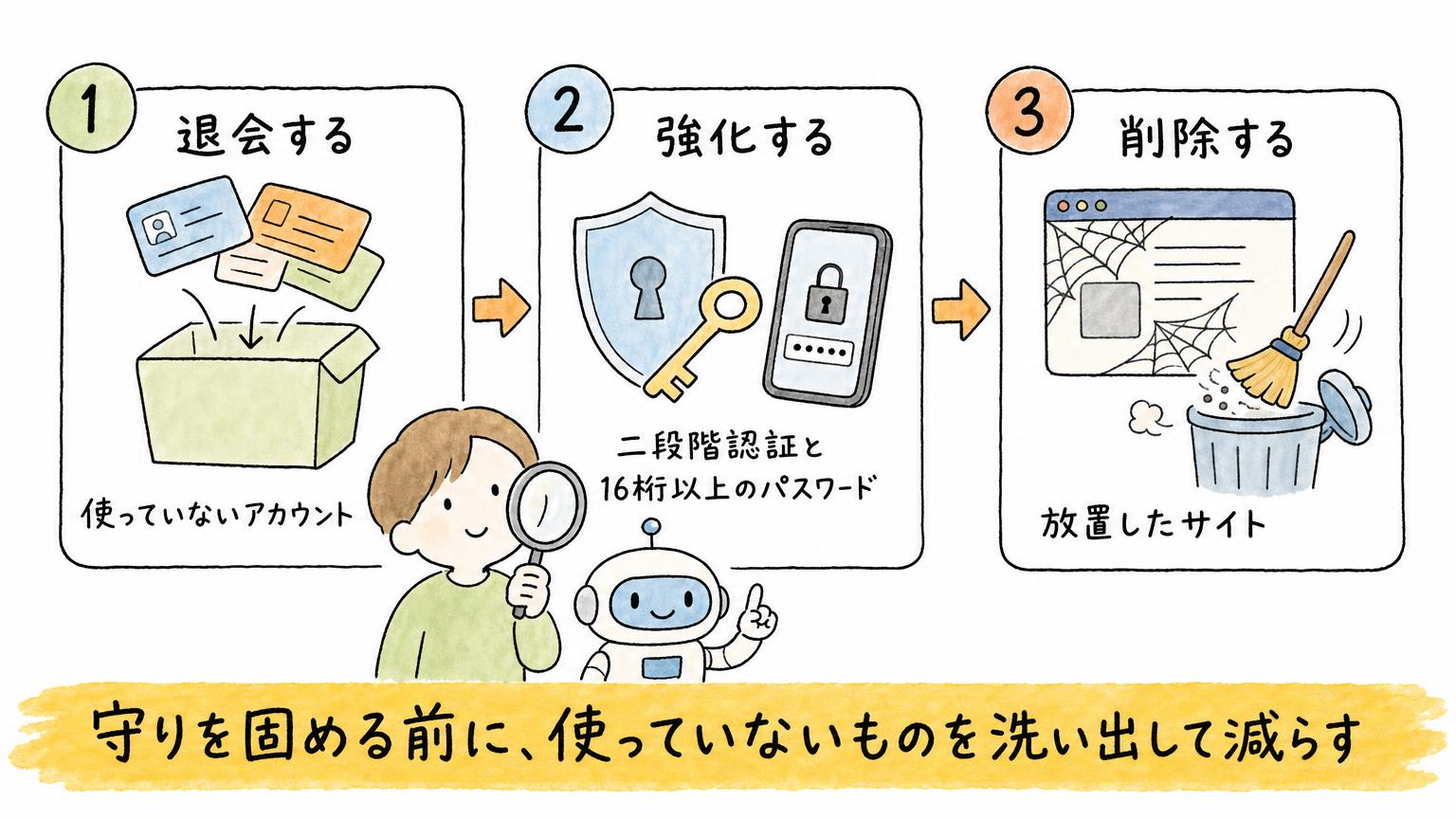 使っていないアカウントの退会、二段階認証と16桁以上のパスワードでの強化、放置したサイトの削除という3つの総ざらいを示す図