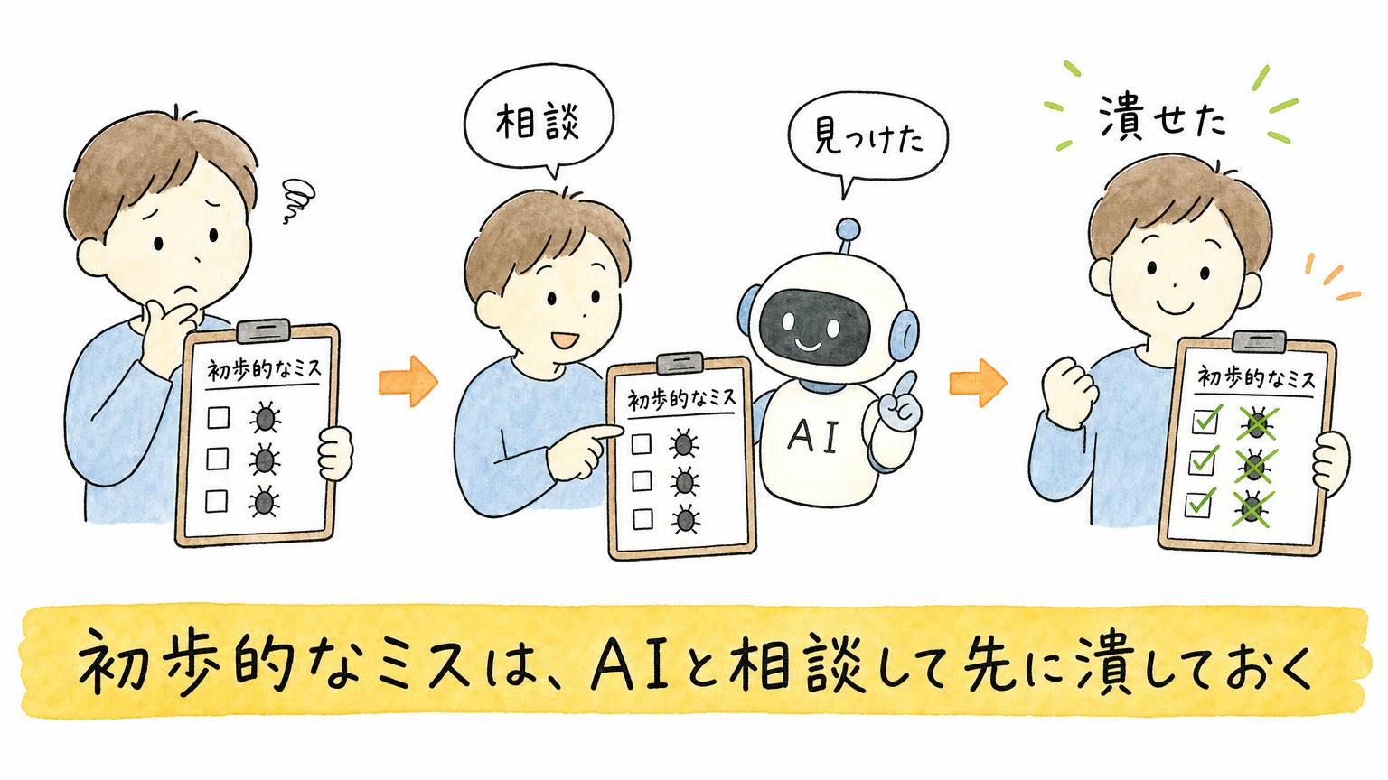 初歩的なミスをAIと相談して先に見つけて潰す流れを示す図