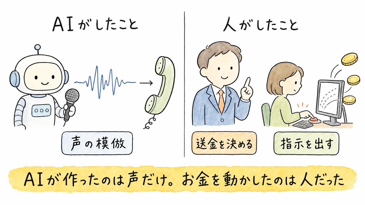 AIがしたことは声の模倣だけで、送金を決めることと指示を出すことは人がしたことだと、左右に分けて比べた図