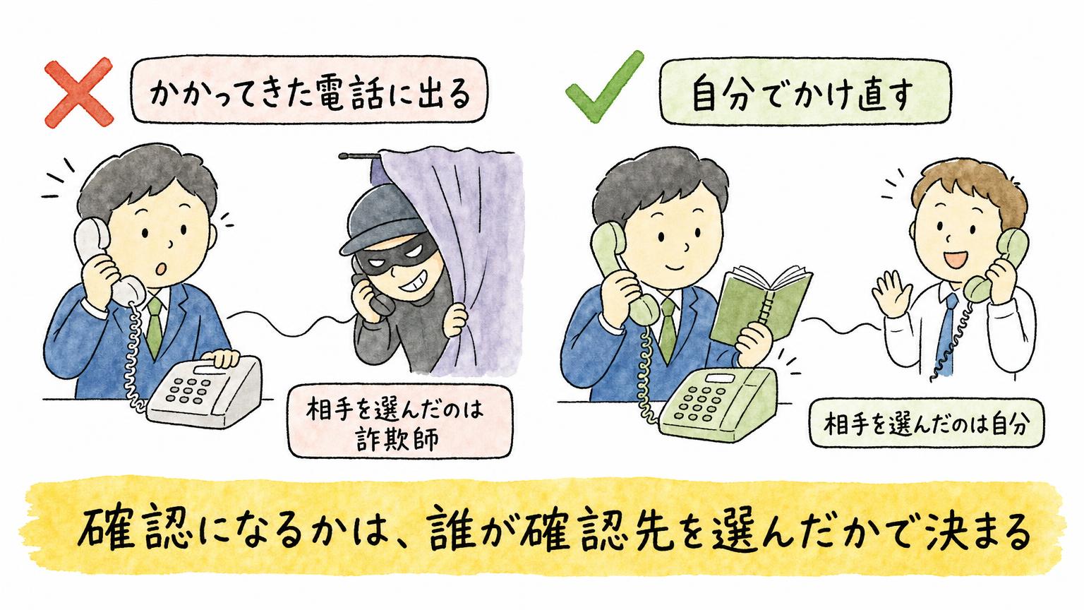 かかってきた電話に出る場合は相手を選んだのが詐欺師になり、自分でかけ直す場合は相手を選んだのが自分になることを比べた図