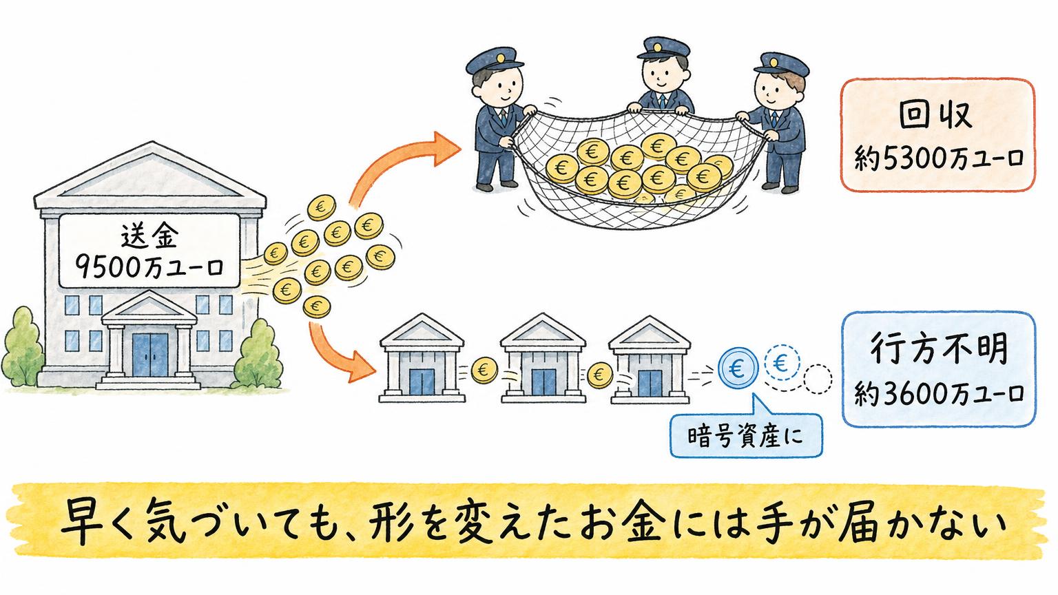 送金された9500万ユーロのうち約5300万ユーロは回収され、約3600万ユーロは暗号資産に換えられて行方不明になったことを示す図