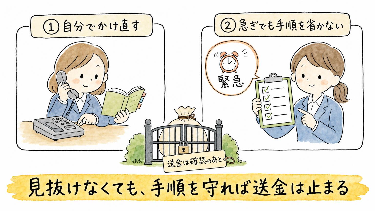 送金の前に効く2つのルールとして、自分でかけ直すことと、急ぎでも手順を省かないことを並べ、送金は確認のあとにすることを示す図