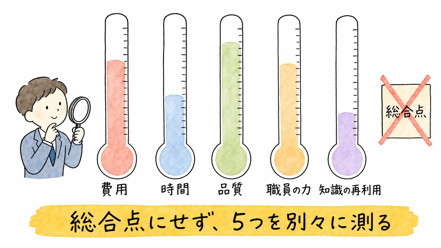 費用、時間、品質、職員の力、知識の再利用の5つを総合点にせず別々に測ることを示した図