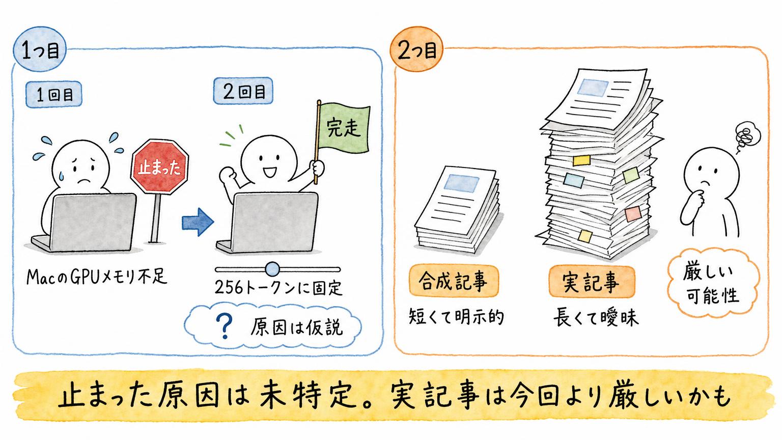 1回目はメモリ不足で止まり、2回目は計算する長さを256トークンに固定して完走したことと、実記事は合成記事より厳しい可能性があることを示す図