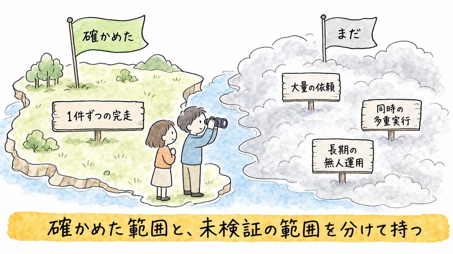 確かめた範囲の1件ずつの完走と、未検証の大量の依頼・同時の多重実行・長期の無人運用を分けた地図