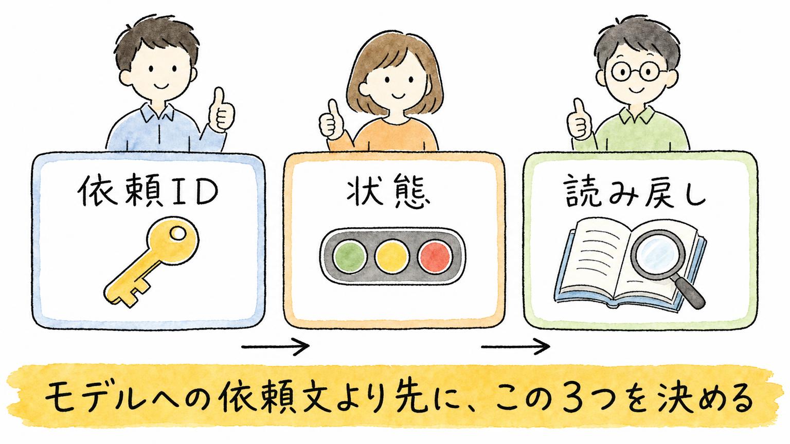 モデルへの依頼文より先に決める3つ、依頼ID・状態・読み戻しを示す図