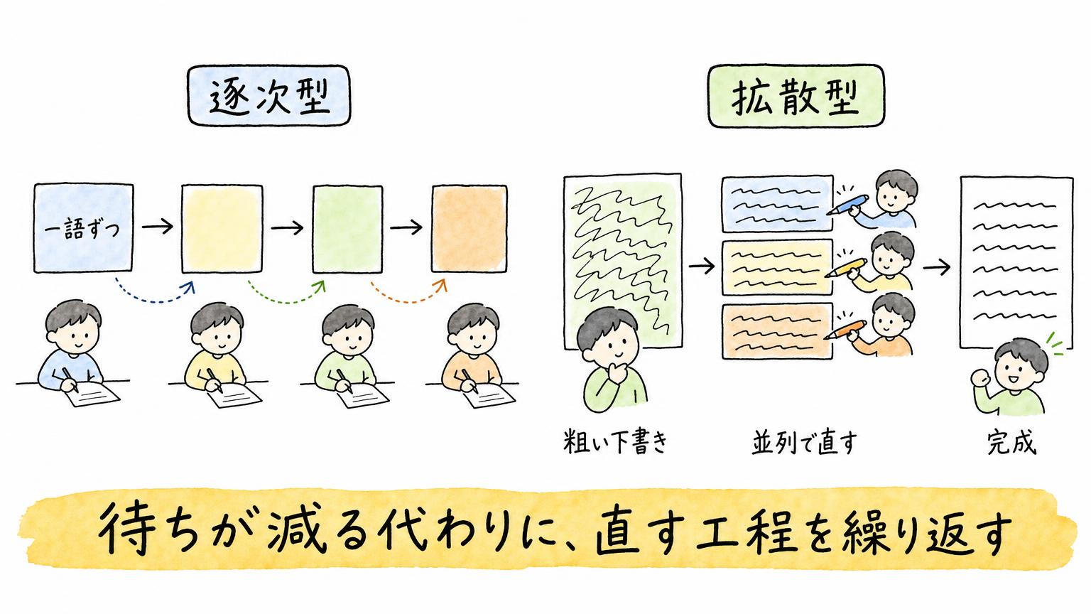 逐次型は一語ずつ順に書き進め、拡散型は粗い下書きを並列で直して仕上げる違いを比べた図