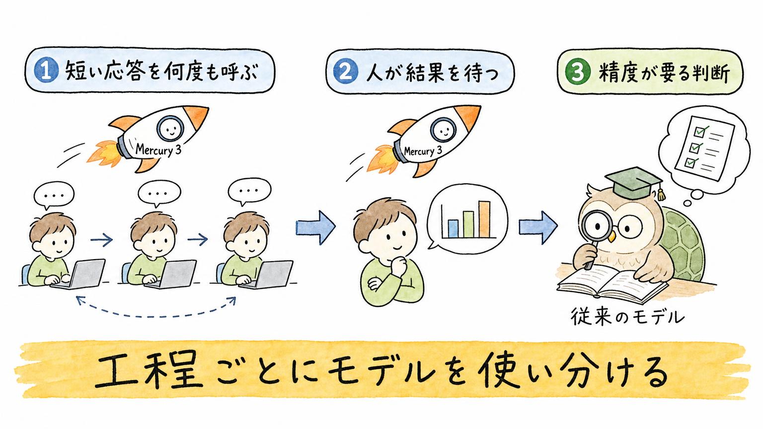 短い応答を何度も呼ぶ工程と人が結果を待つ工程はMercury 3、精度が要る判断は従来のモデルに分けるイメージ図