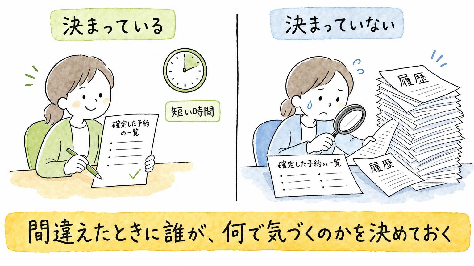 3つの線引きが決まっている場合と決まっていない場合で、確定した予約の一覧を短い時間で確かめられるか、履歴を一件ずつたどるかが分かれることを比べた図