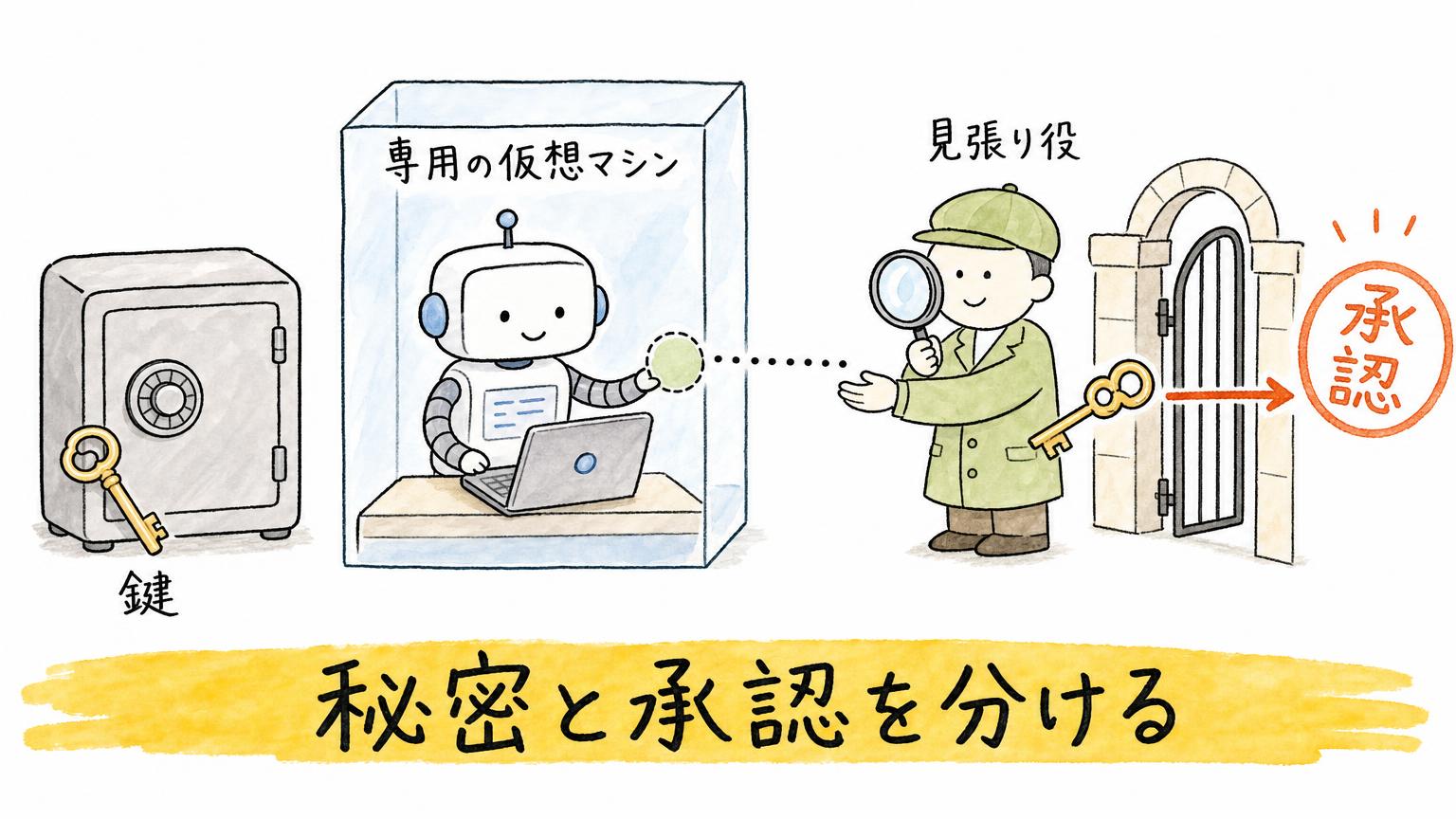 鍵は金庫に分け、専用の仮想マシンで動くAIを見張り役が確認し、承認を経て外へ出る仕組みを示した図