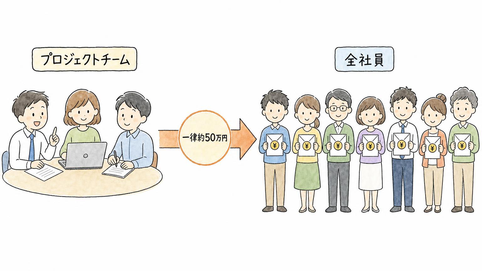 業務効率化プロジェクトチームの取り組みの成果が、一律約50万円の賃上げとして全社員に還元される流れを示す図