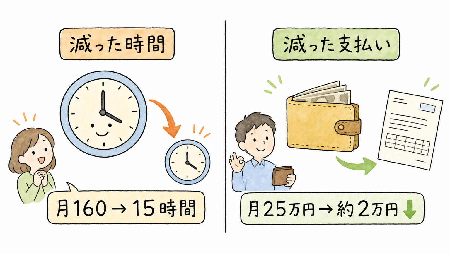 AI活用の成果を、減った時間（月160時間から15時間）と減った支払い（月25万円から約2万円）に分けて比べた図
