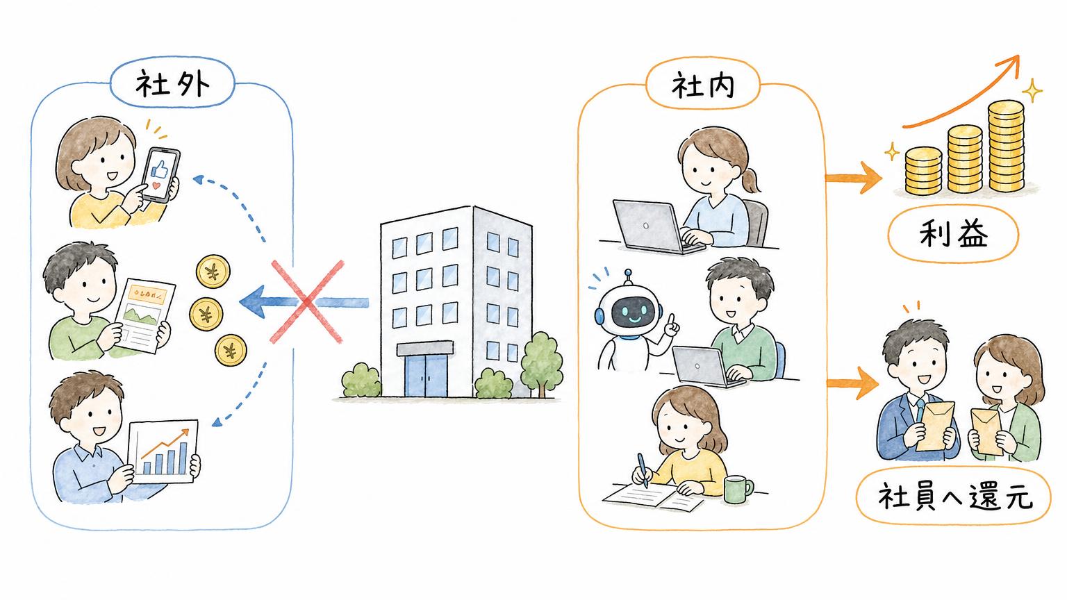 社外へ払っていた費用が止まり、社内でAIを使って同じ仕事をこなすことで利益が増え、社員へ還元できる余地が生まれる流れを示す図
