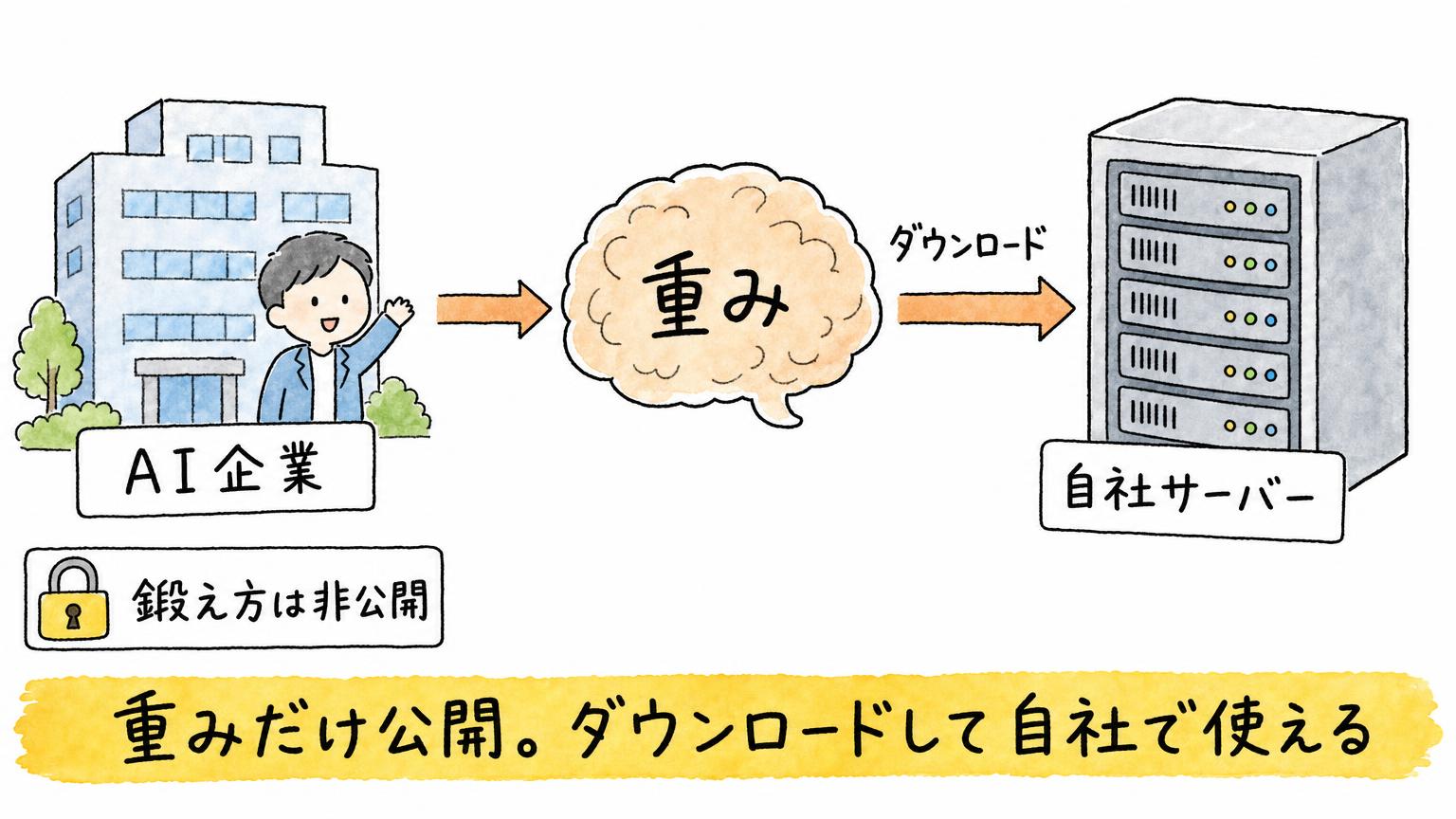 AI企業が重みだけを公開し、ダウンロードした利用者が自社サーバーで動かせる流れを示す図。鍛え方は非公開のまま