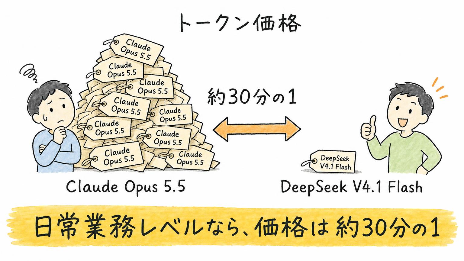 Claude Opus 5.5の値札の山と、DeepSeek V4.1 Flashの小さな値札を並べて、トークン価格が約30分の1であることを示す図