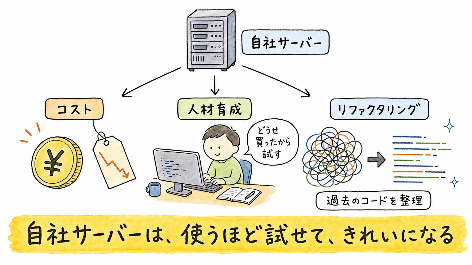 自社サーバーから、コスト・人材育成・リファクタリングという3つの効用が広がることを示す図