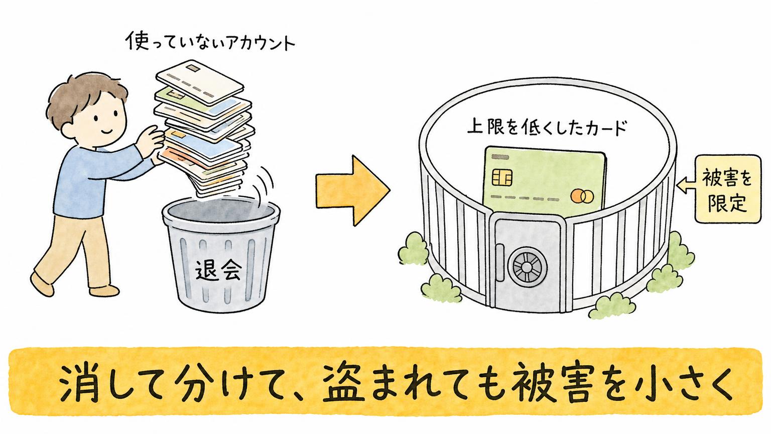 使っていないアカウントを退会し、上限を低くしたカードで盗まれても被害を限定する二段階の対策を示す図