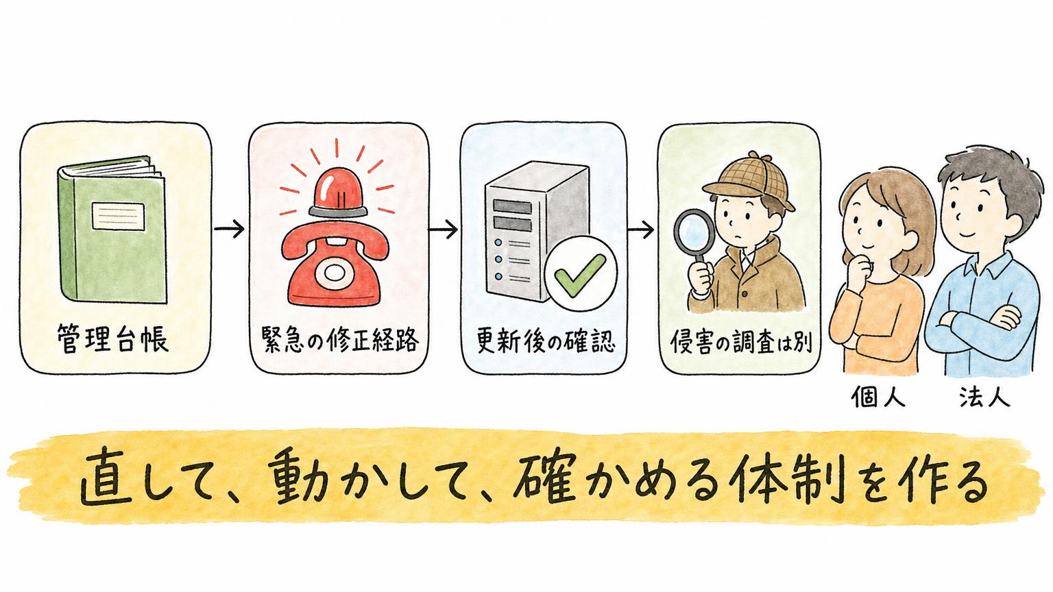 管理台帳、緊急の修正経路、更新後の確認、侵害の調査は別、という体制づくりの4つの要素を順に並べた図。個人と法人の両方が対象