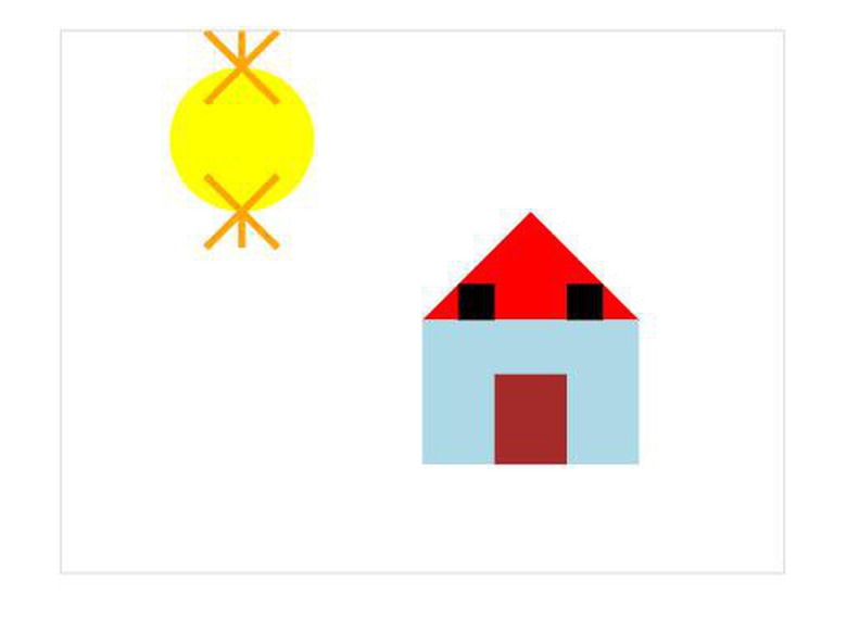 家と太陽のSVGを描画した画面。太陽の光線が不自然で、窓が屋根に重なっている