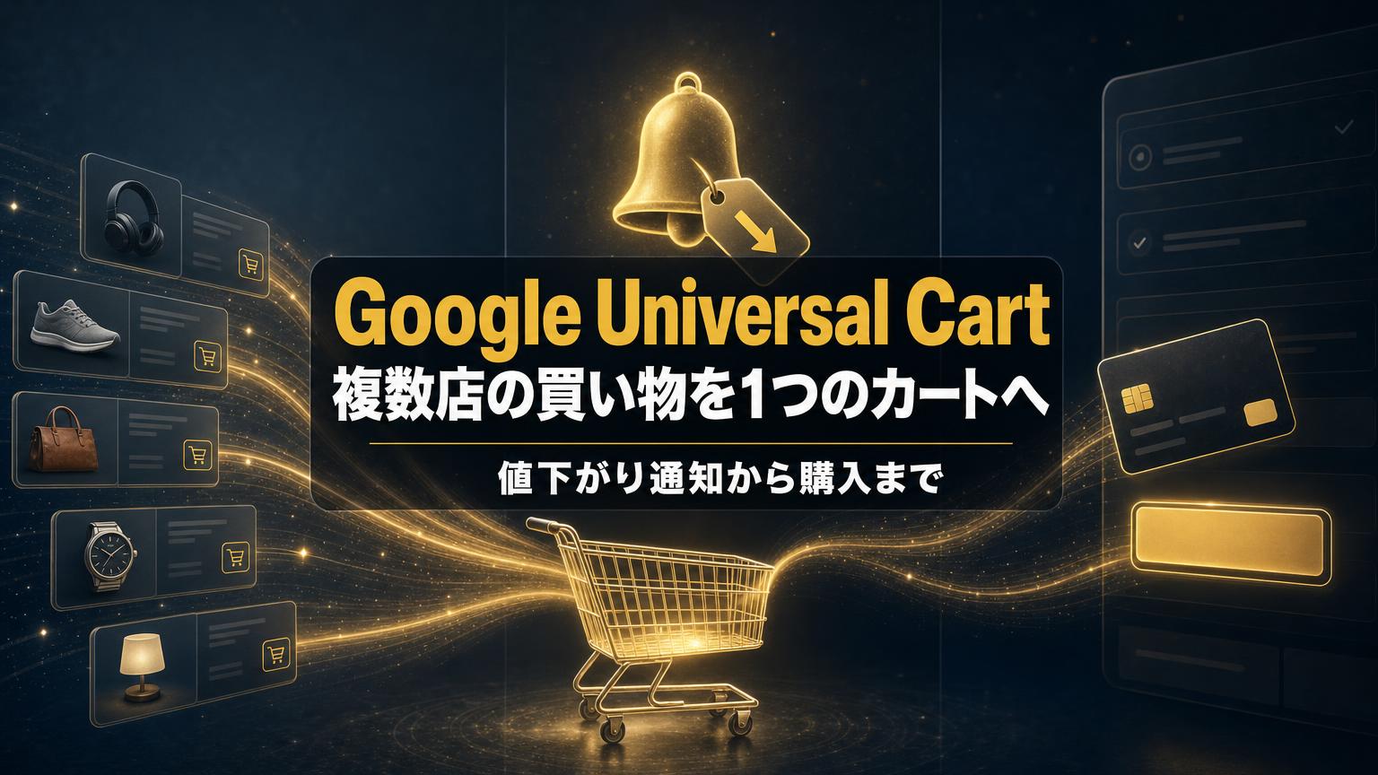 Google Universal Cartで複数の店の商品を1つのカートに集めるイメージを示すアイキャッチ画像