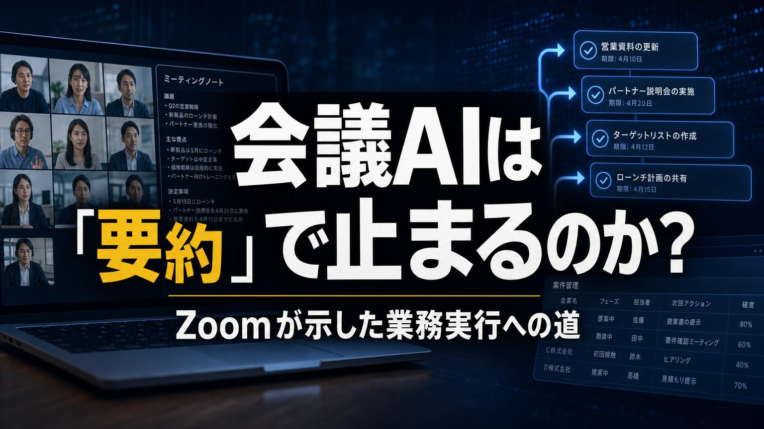 会議AIは「要約」で止まるのか？Zoomが示した業務実行への道を示すアイキャッチ。会議画面と、営業資料の更新などのタスク一覧が並ぶ